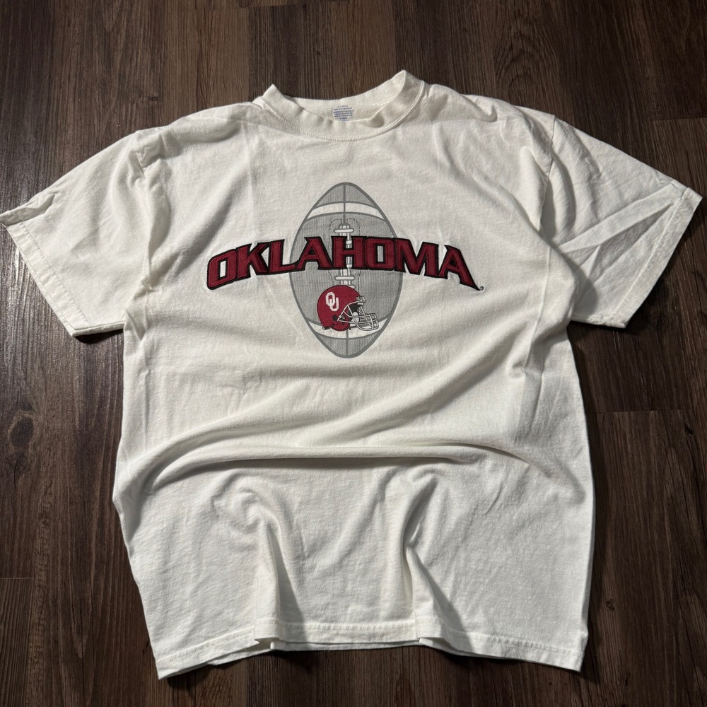 Soffe Oklahoma Sooners Football T Shirt Mens Large White Crew Neck NCAA Cotton